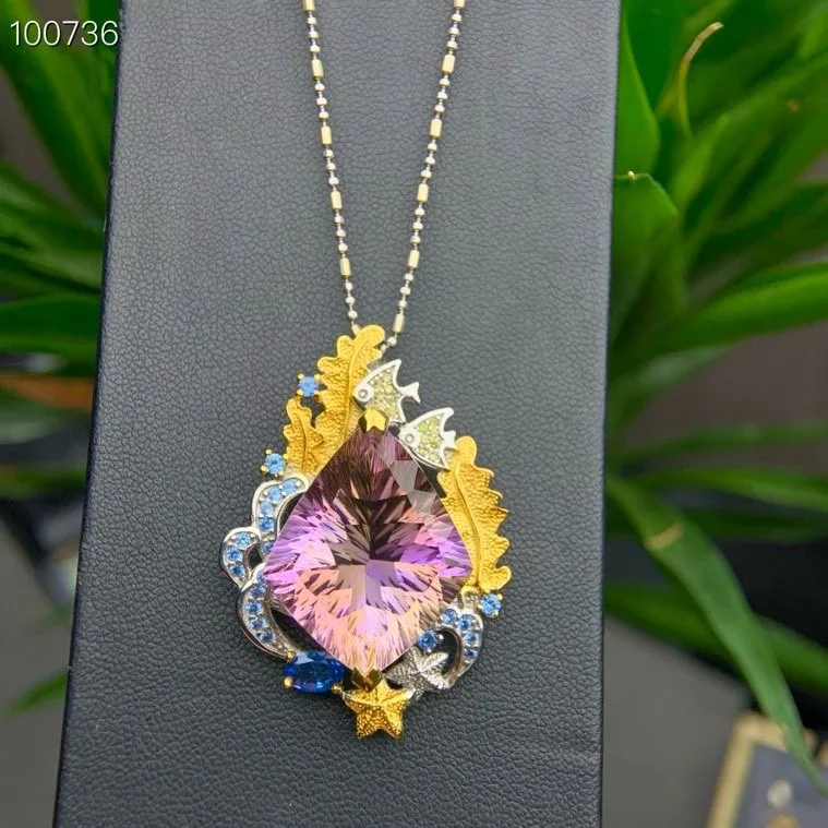 Natural Amethyst and Citrine 925 Sterling Silver Pendant – Ocean Fairy Tale Style – Handcrafted Two-Tone Crystal Pendant