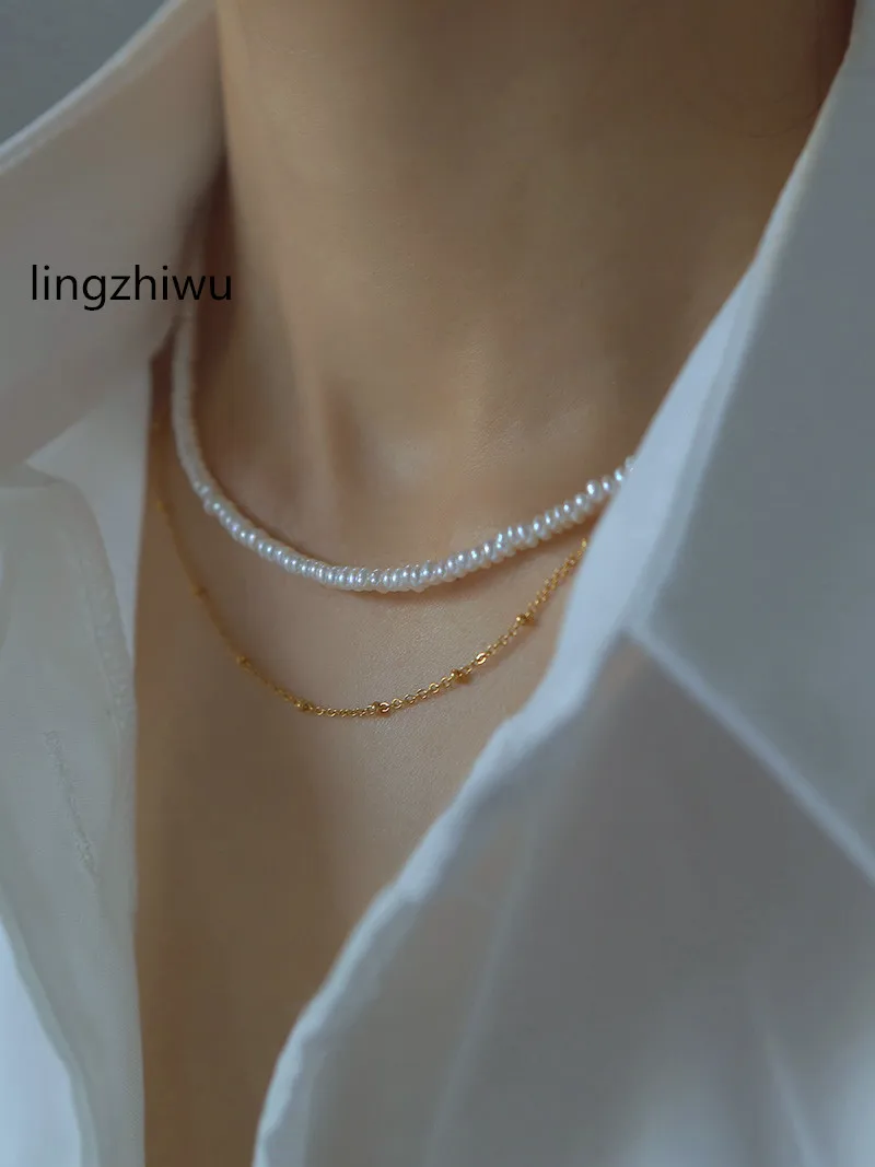 lingzhiwu Women Natural Fresh Water Pearls Necklaces Baroque Baby Strong-Light Pearls Necklace Female Double Layer Necklaces New