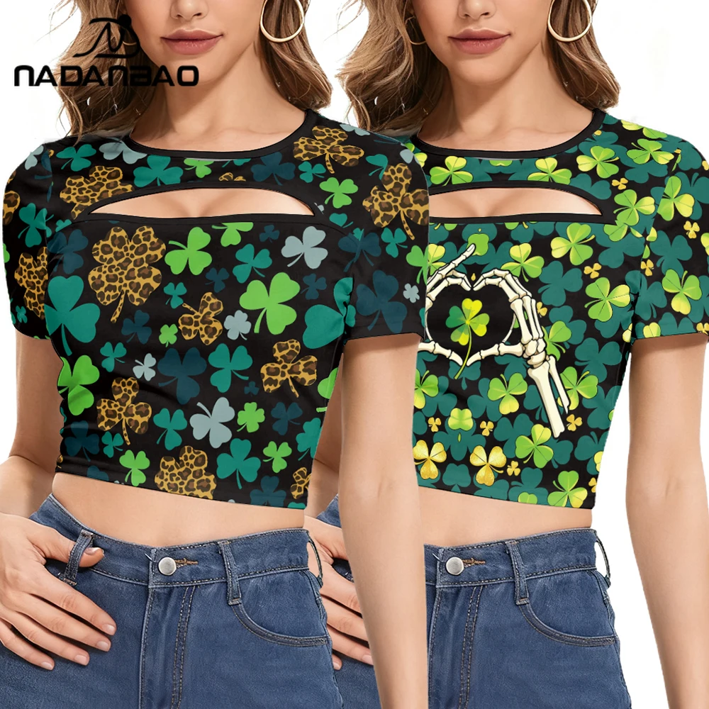 

Nadanbao Green Shamrock Printed Tops for Women St. Patrick's Day Celebration Party Crop Top Summer Short Sleeved Shirt Green Tee