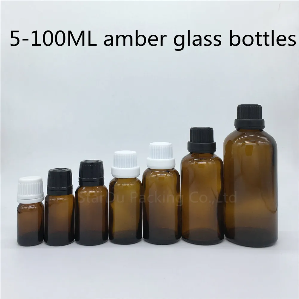 10pcs 5ml-100ml Amber Glass Bottle, Vials Essential Oil Bottle With Tamper Evident Cap Perfume Bottles