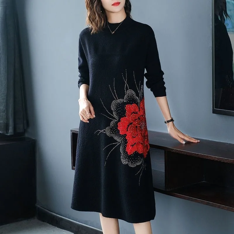 

Floral Embroidery Long Sweater Dress 2025 Autumn Winter Women's Long Sleeve Pullover Elastic O Neck Dresses