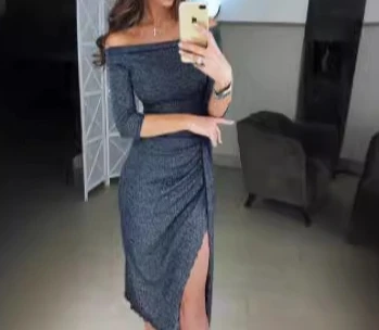 

Women's Dress Elegant Commuting Fashion Casual Solid Off the Shoulder Long Sleeve High Waist Ruched Bodycon Slit Midi Dress