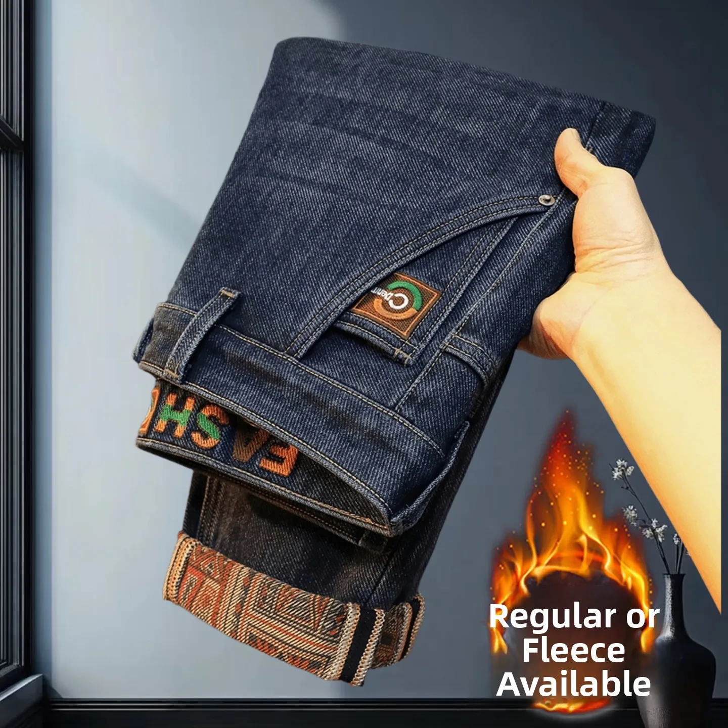 

Мужские джинсы слим-фит премиум-класса, синие, на флисовой подкладке, осенне-зимние, модные, эластичные, повседневные, длинные брюки, новинка