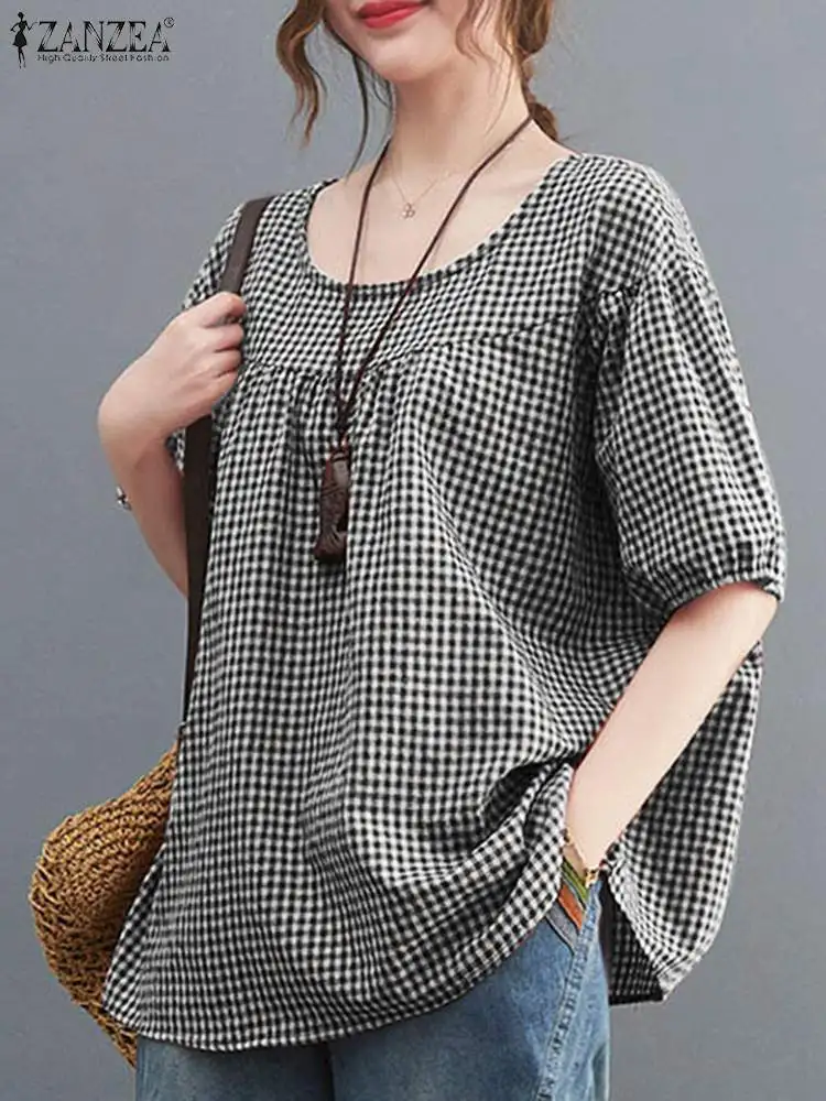 ZANZEA Short Sleeve Baggy Shirt O Neck Checked Vintage Loose Blusas Chemise Plaid Women Fashion Casual Tops Tunic Summer Blouse