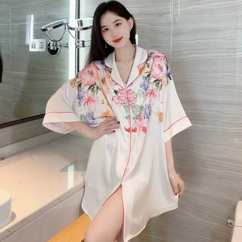 Ice Silk Nightdress Female Summer Red 2024 New Short-sleeved Thin Sexy Pure Desire Shirt Big Size Wear Nightdress Nuit Femme