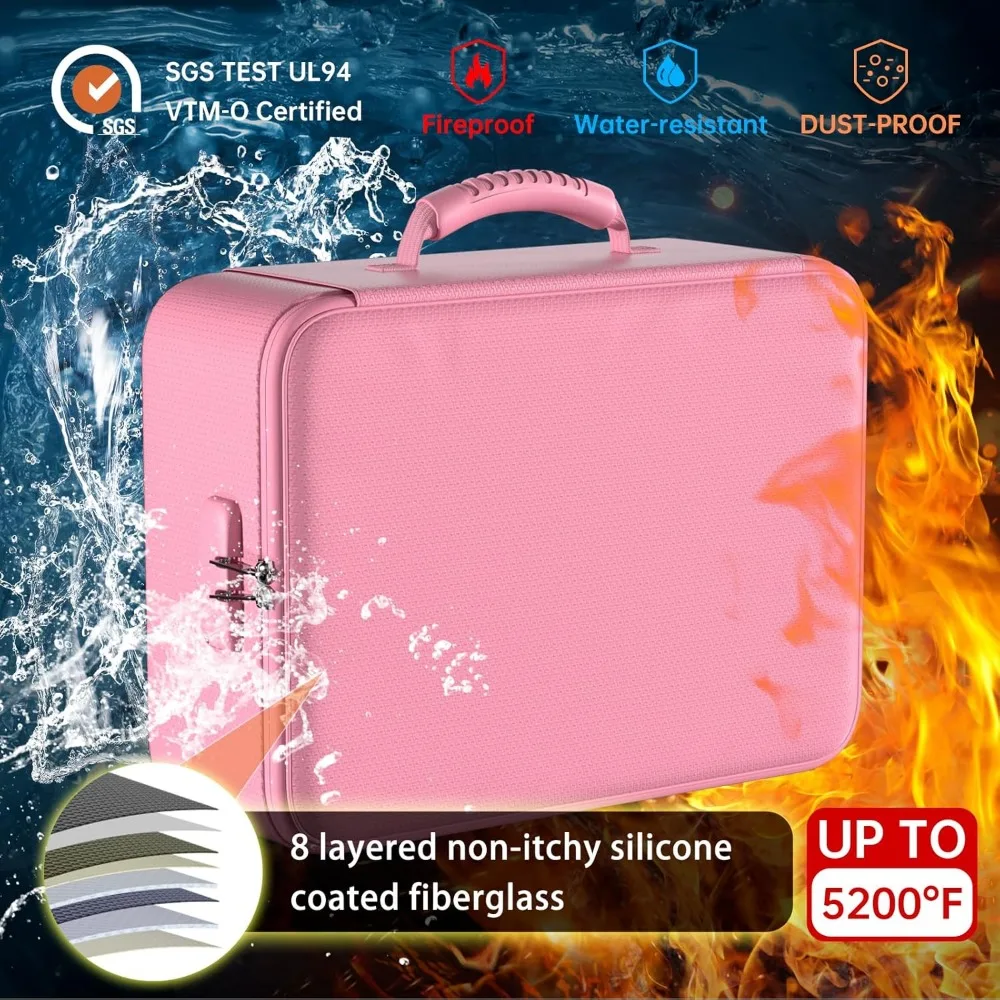 5200 ° F Органайзер для документов с замком, портативное домашнее безопасное хранилище для важных документов, файлов, розовый (мягкий)