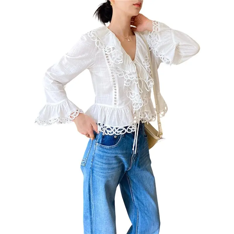 

CYL-Womens White Long Sleeve Shirt French Design Blouse For Women Elegant Wear