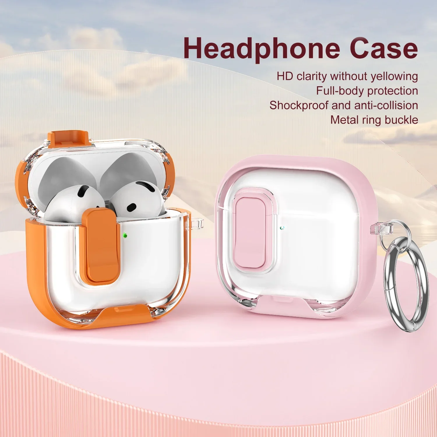 Transparent Rainbow Earphone Case Safety Lock One-Click Open,Key Ring Portable Clear Cover For AirPods 4/5, Pro 2 3/Pro2/Pro3