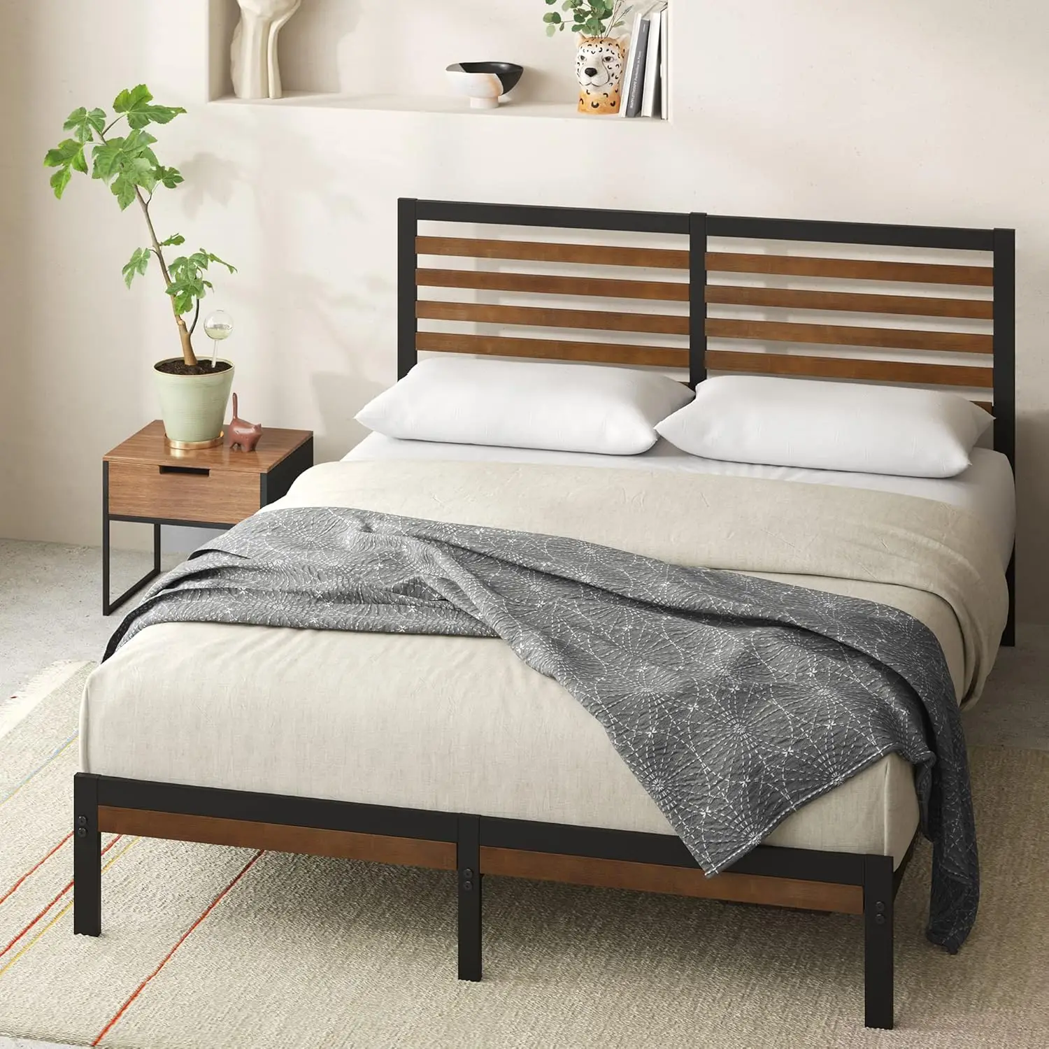 

Kai Bamboo and Metal Platform Bed Frame with Headboard, No Box Spring Needed, Easy Assembly, Queen, Brown