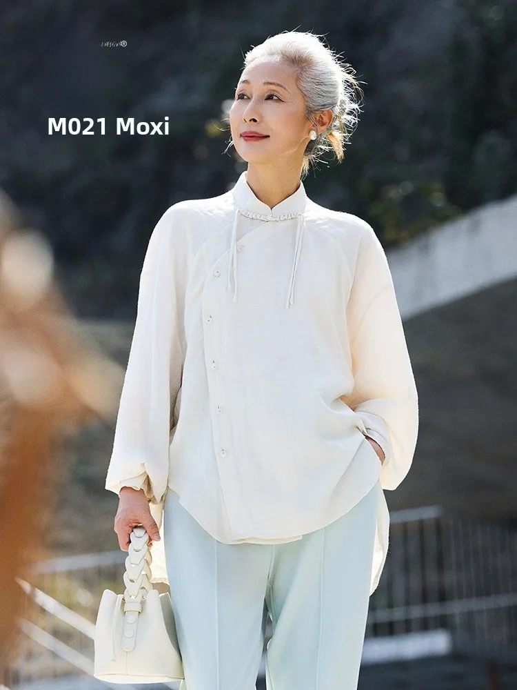 

Muzhi Feng Long Sleeve Thin Shirt Collar T-Shirt for Middle-Aged And Elderly Women Casual Loose Fit Spring Autumn Wear