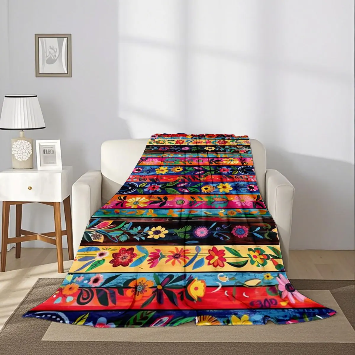 Mexican-style Colorful Floral Stripe Print Blanket, Soft and Warm Thickened Flannel Throw, All-season Home Nap Air Conditioning