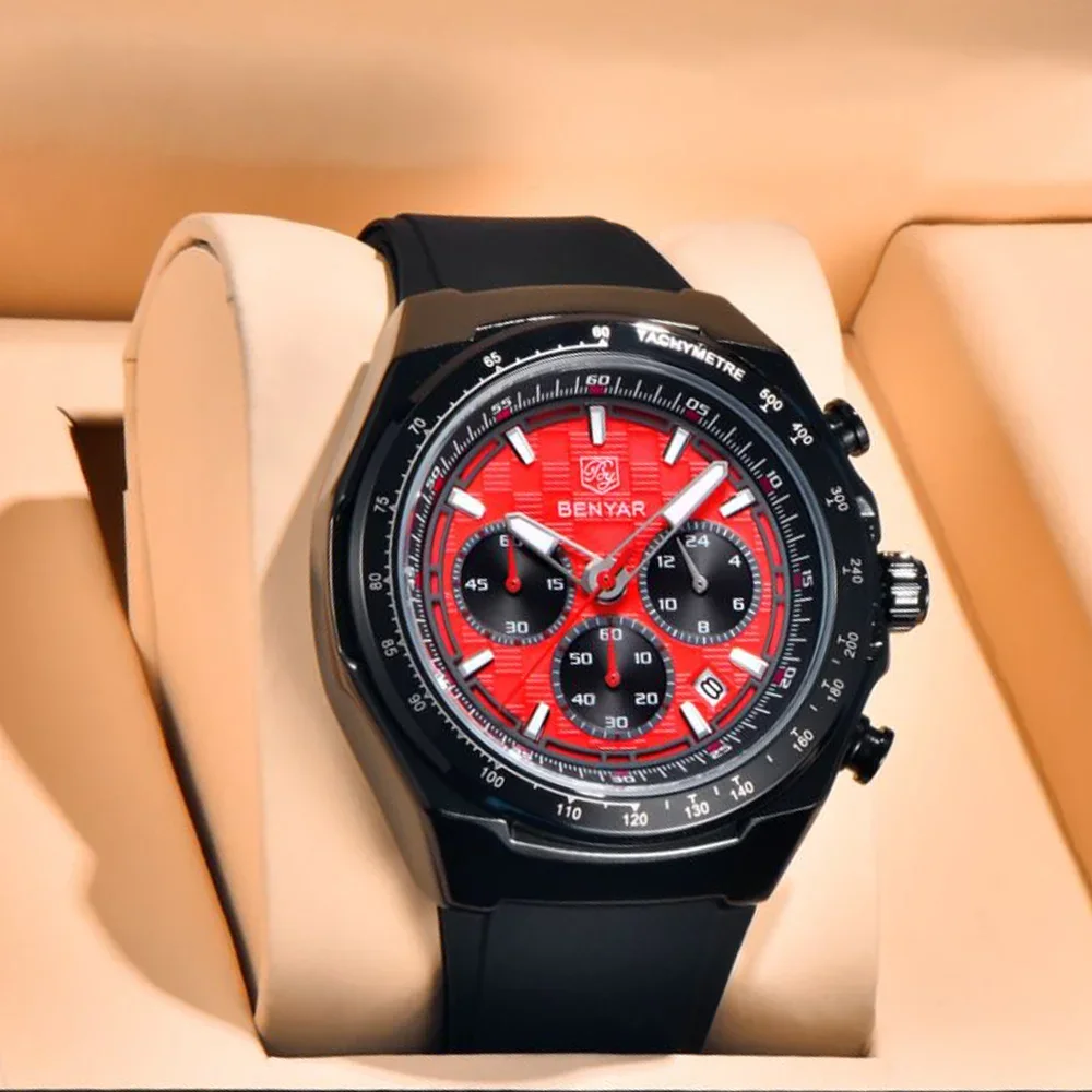 BENYAR ساعة رجالي فاخرة تاريخ كرونوغراف ساعة رجالي فاخرة مقاوم للماء ضوء الليل الرياضة العسكرية ساعة كوارتز رجالية صندوق هدايا #1