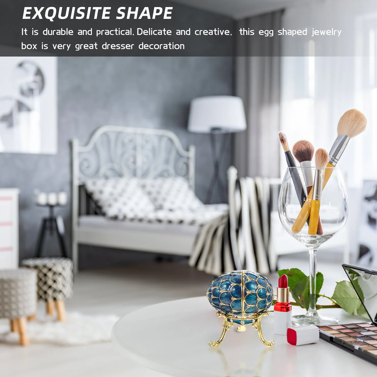 Egg Shaped Jewelry Box Alloy Trinket Case For Ring Necklace Storage Rhinestone Enameled Desktop Decor Organizer