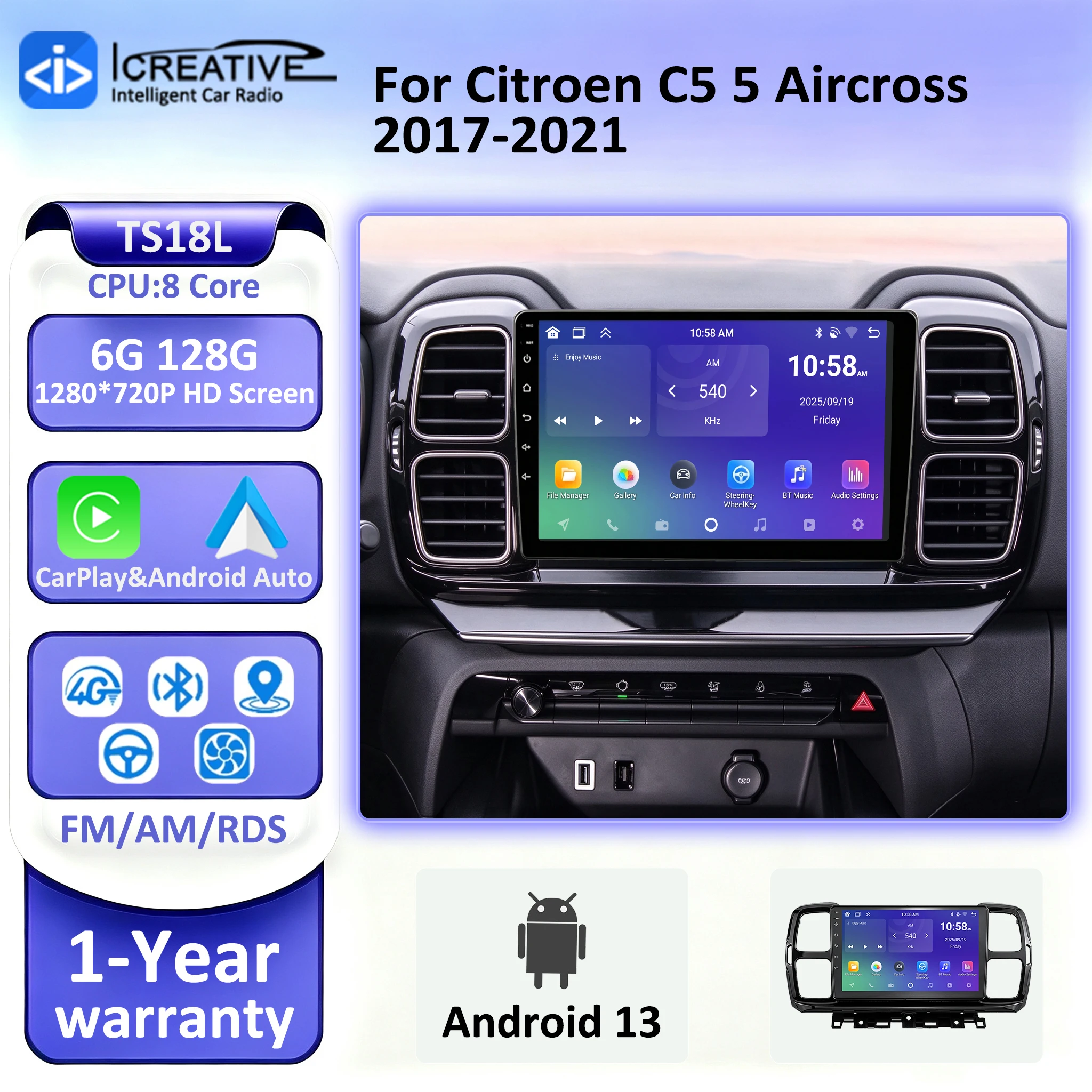 Android 13 Car Auto Radio For Citroen C5 5 Aircross 2017-2021 Multimedia Video Player Wireless CarPlay GPS Navigation BT Stereo