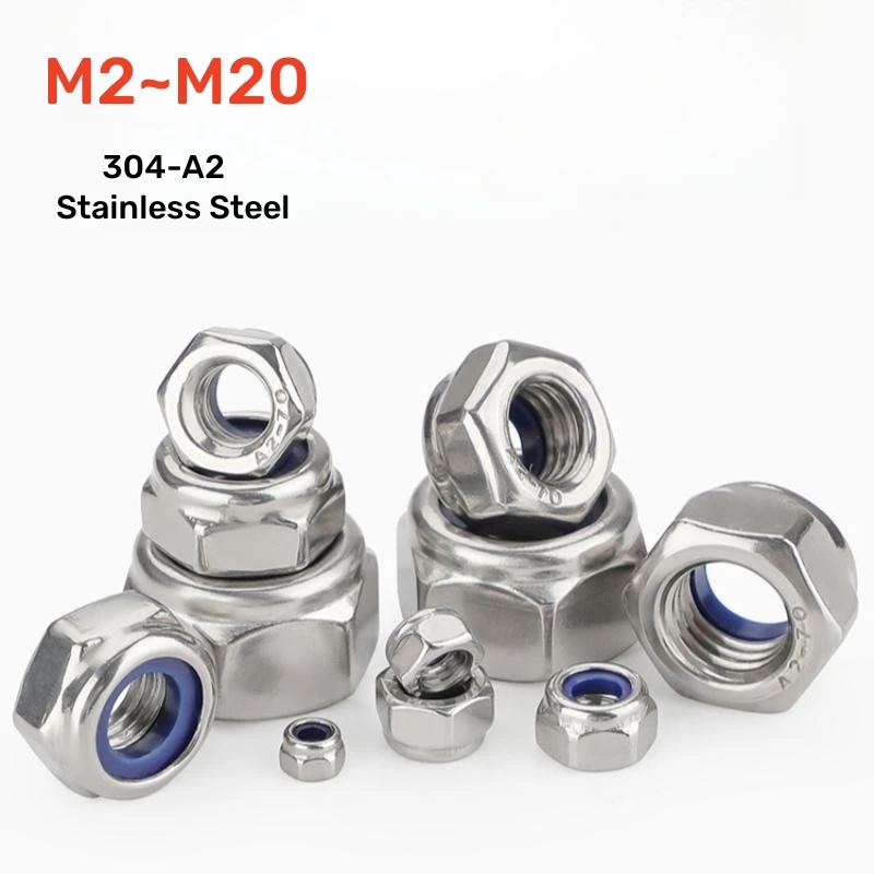 M2 M2.5 M3 M4 M5 M6 M8 M10 M12 M14 M16M18M20 DIN985 304-A2 Stainless Steel Hex Hexagon Nylock Locknut Nylon Insert Self Lock Nut