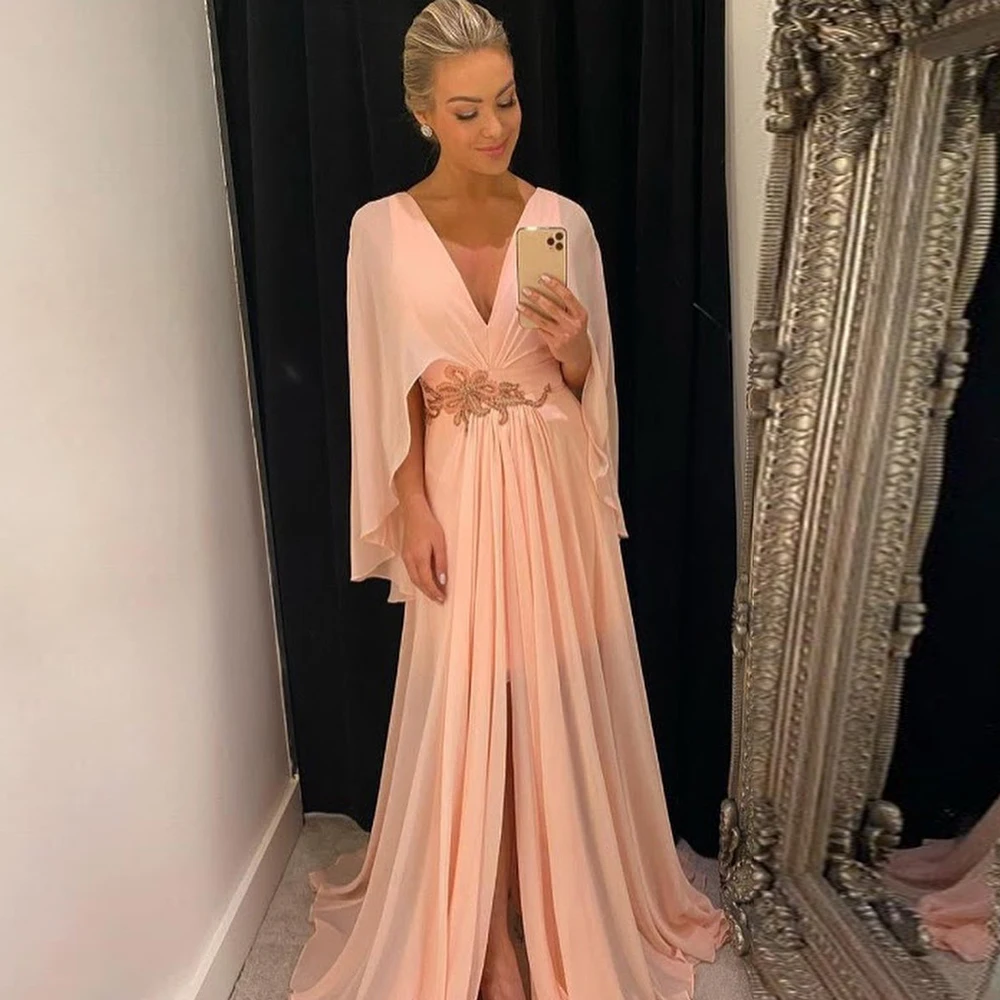 

Elegant Peach Formal Evening Dress Chiffon Pleat Puffy Sleeve Appliques A-Line Floor Length Party Gown Prom Dress Robe Soirée