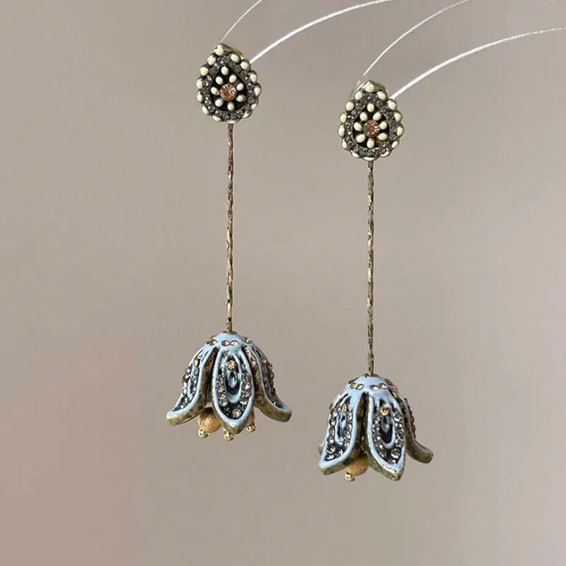 

Minar Ethnic Blue Enamel Rhinestones Glass Beads Strand Flower Long Tassel Drop Earrings for Women Silver Plated Holiday Jewelry