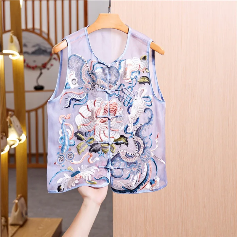 High-End Frühling Sommer Seide Organza Weste Top chinesischen Stil Retro Stickerei Schmetterling Blumen elegante Dame Weste weibliche S-XXL