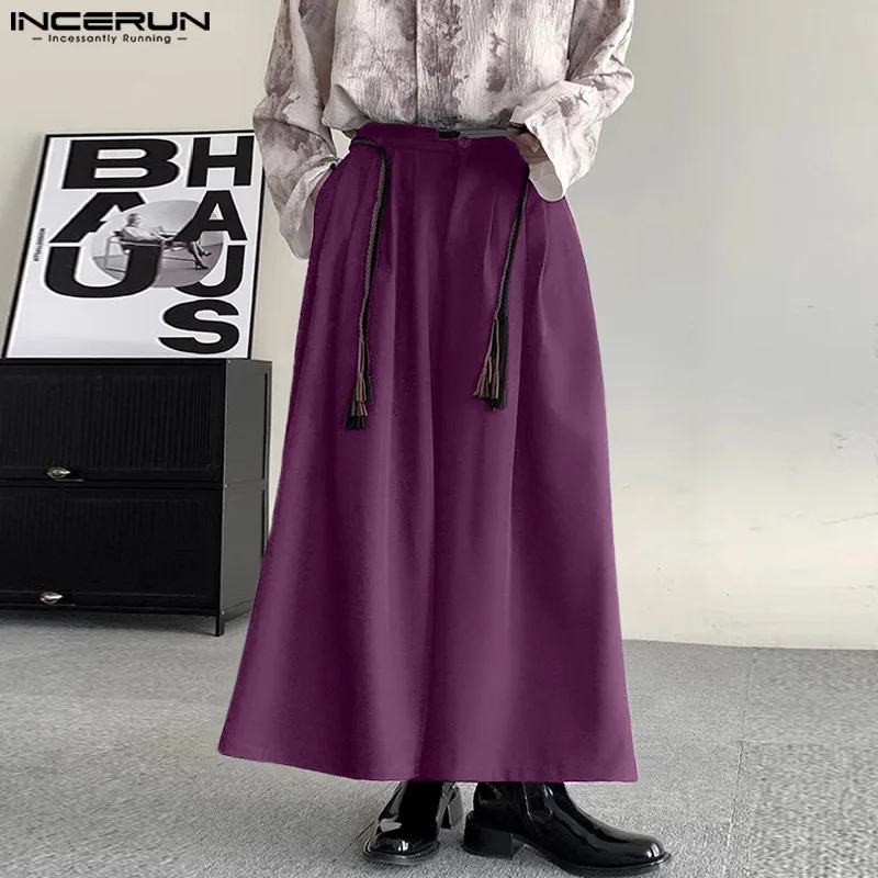 INCERUN 2024 Korean Style Trousers New Men's Wide Leg Loose Long Pants Casual Streetwear Male Drawstring Design Pantalons S-5XL