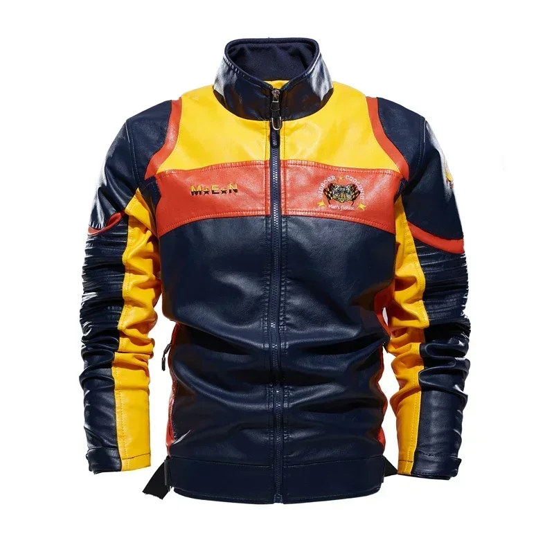 Fall Winter Motor Leather Jacket Men Fleece Colorful Leather Motorcycle Jacket Men Vintage Biker Leather Jackets and Coats