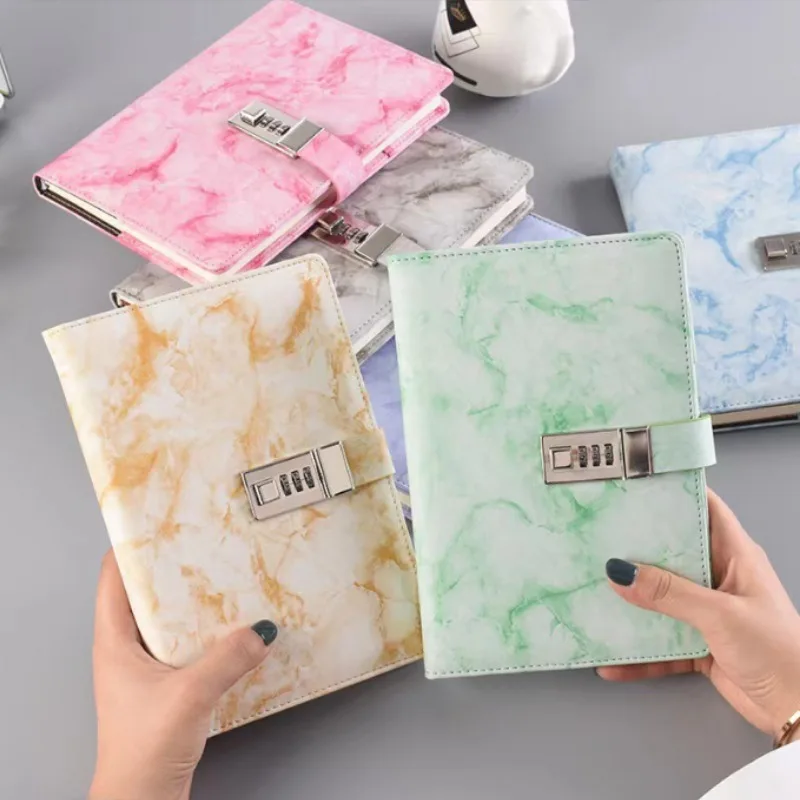 Carnet A5 verrouillé par mot de passe Vintage à motifs en marbre, journal d'étudiant minimaliste, carnet de copie souple