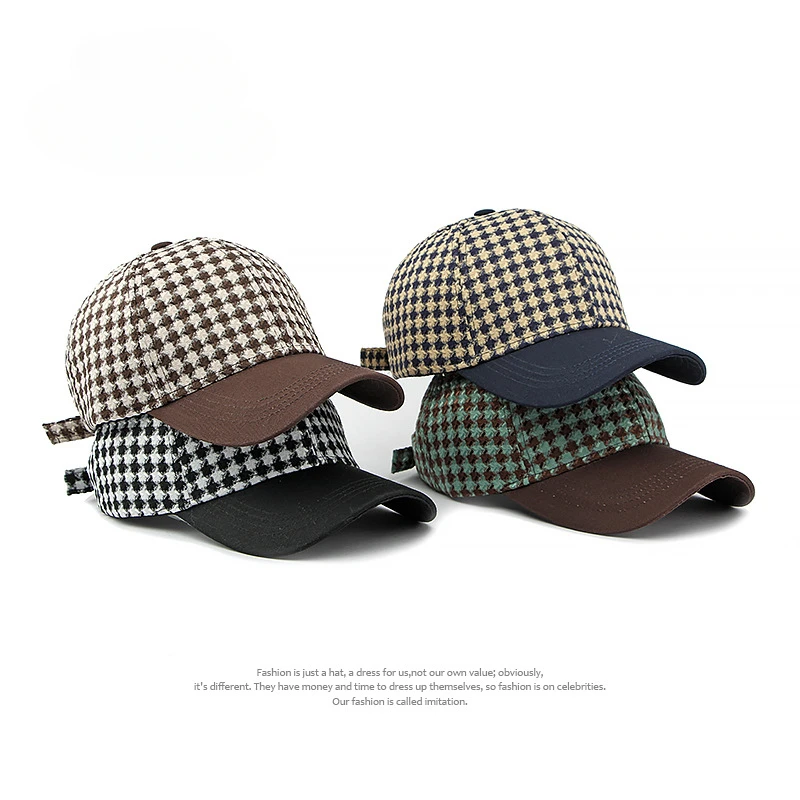 Women\'s Fashion Versatile Houndstooth Hard Top Baseball Cap Splicing Retro Sunshade Cap ffor Men