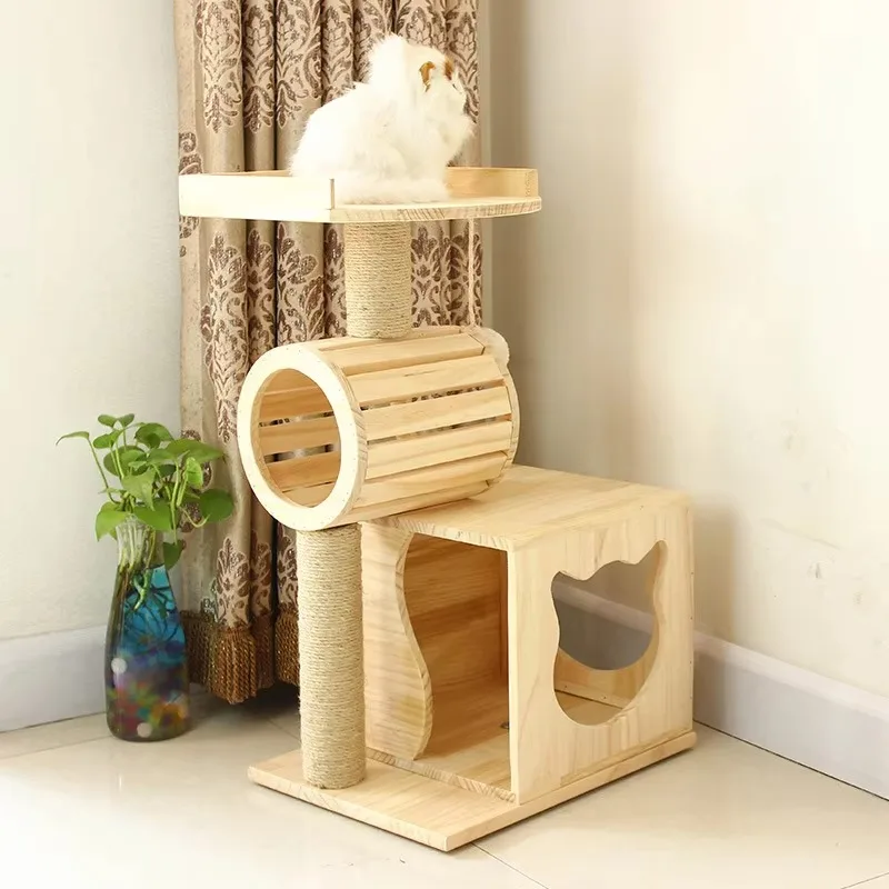 

Solid Wood Cat Climbing Frame with Roller Toy Multi-layer Warm Nest Anti-Scratch Pet Bed