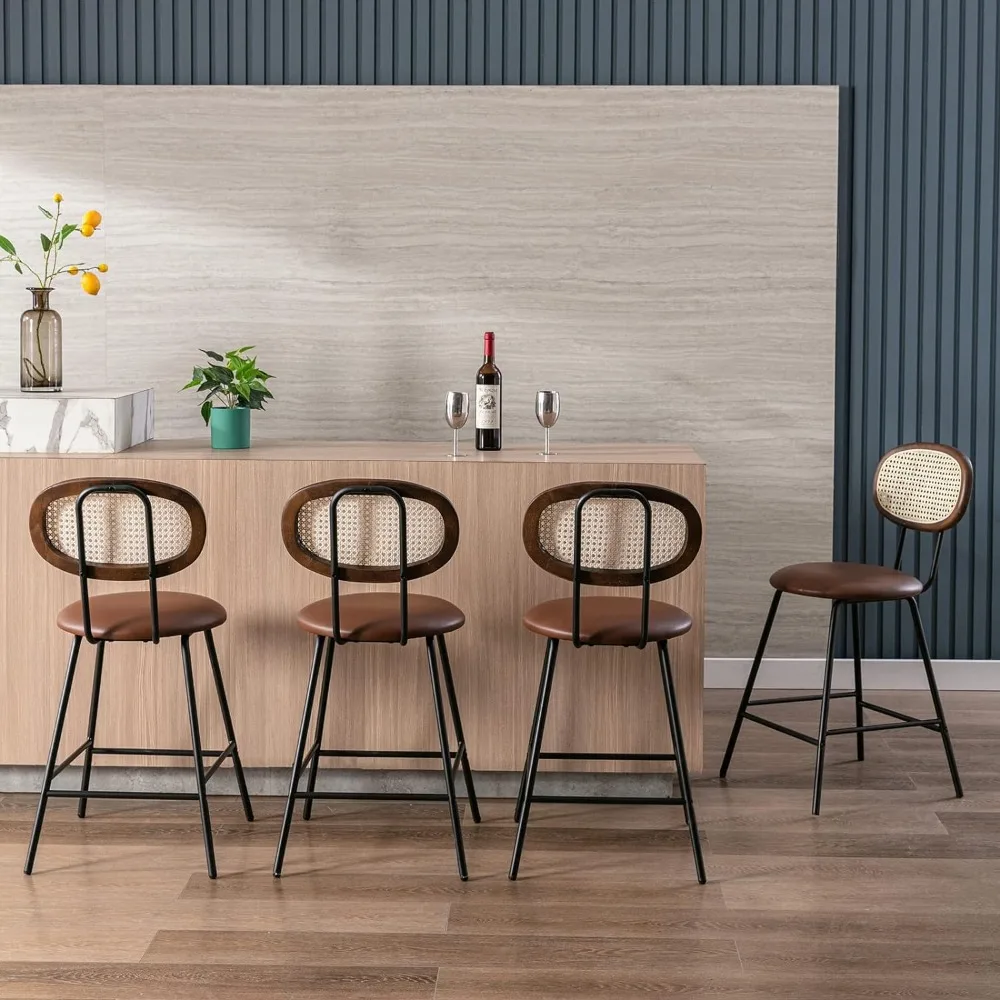 

Counter Stools Rattan Back Dining Chair,Indoor Faux Leather Bar Stools Set of 4,Armless Dining Chairs