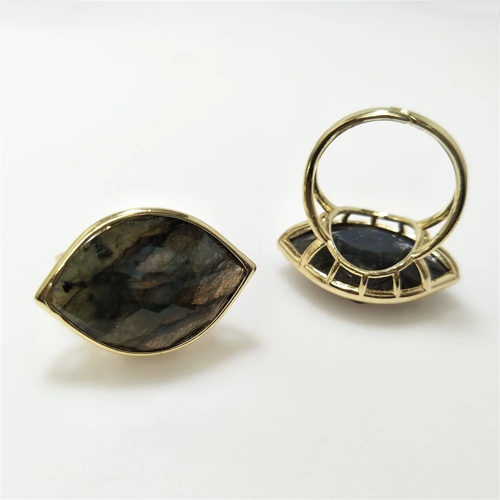 1Pc Natural labradorite Eye Shaped Ring,Goden Plated Crystal Semi Precious Stone Adjustable Size,For Valentine's Day Gifts RG097