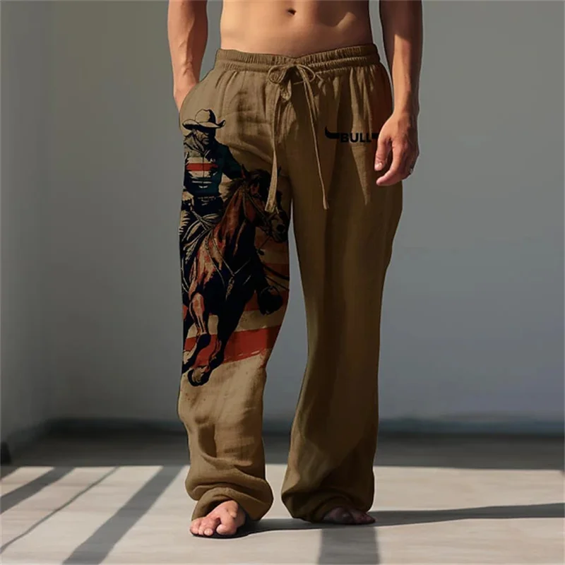 

Men's Summer Casual Wide-Leg Pants Drawstring Design Trousers Western Cowboy Print Pattern Everyday Outdoor Street Style