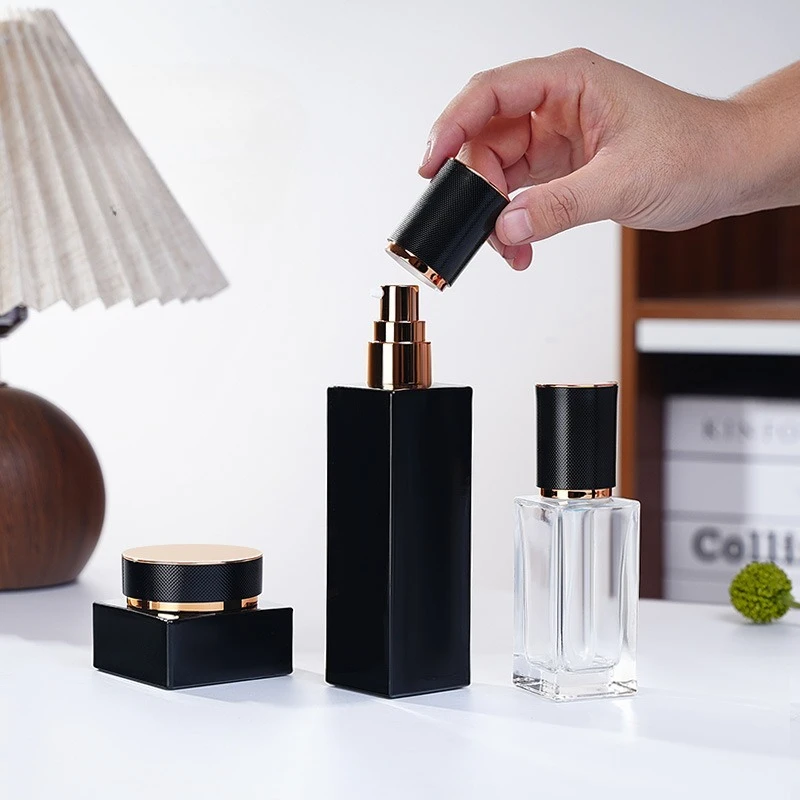 6 Stück Quadratische Glas-Kosmetikflaschen, Nachfüllbare Pumpflaschen für Lotion, Tragbare Reise-Leerdosen, Lichtdichte Cremetiegel für Hautpflege-Aufbewahrung – Detail 5