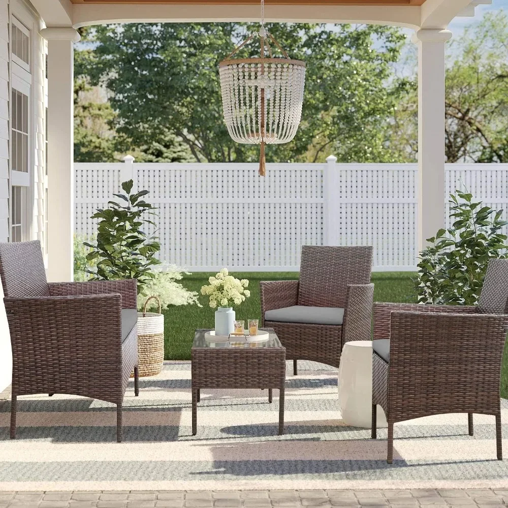 

4 Pieces Patio Rattan Chair Wicker, Tea table with glass tabletop, cushion rattan chair Furniture Sets,Garden Furniture Sets