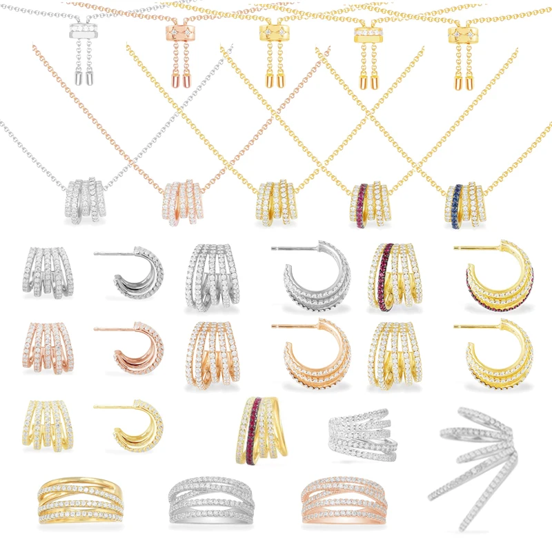 

Eomm S925 Sterling Silver Multiple Circular Lines Ring Earrings Earclip Necklace Women Classic Luxury Fashion Party Jewelry Gift
