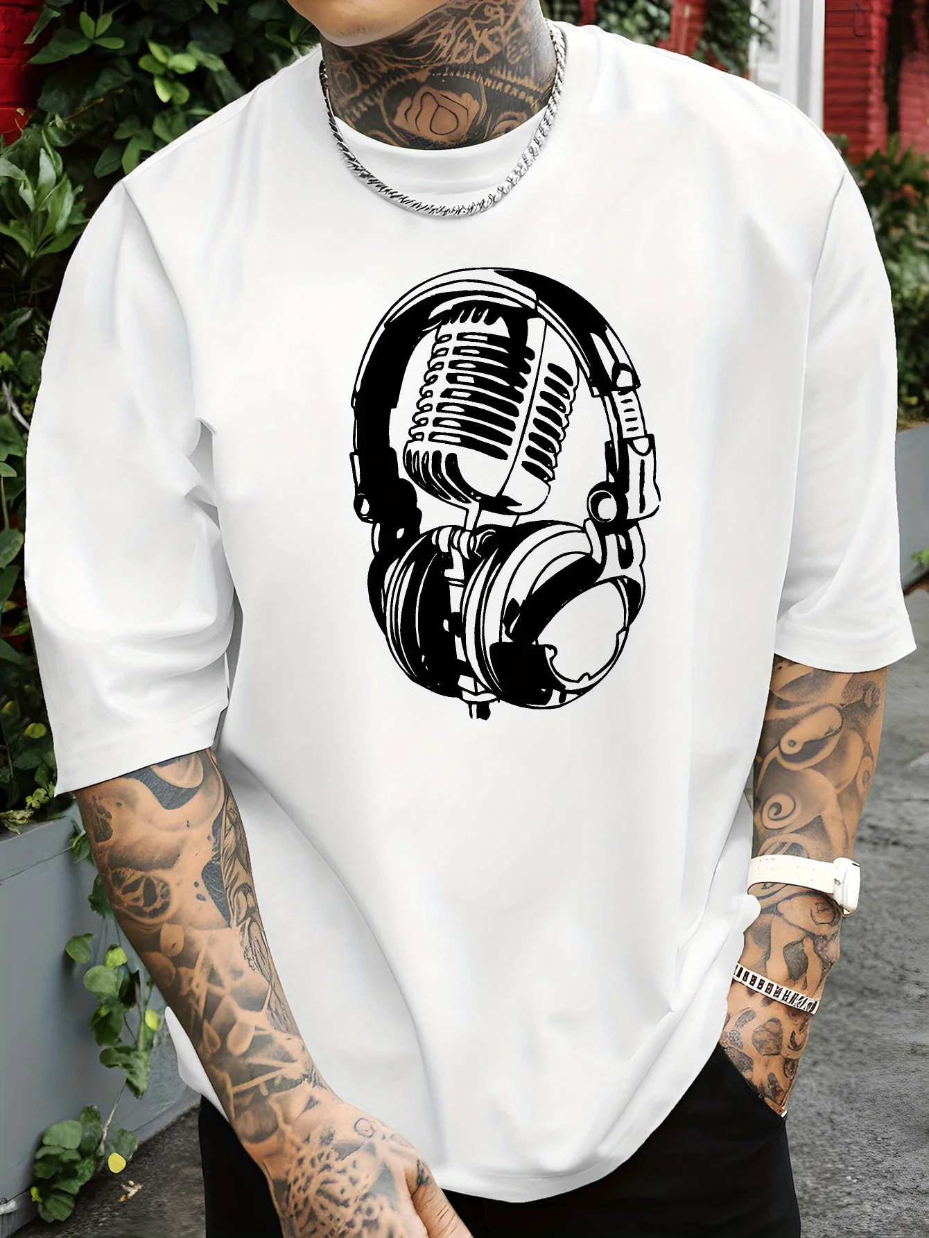 Retro Microphone Headphone Print Mens T Shirt Vintage DJ Music Short Sleeve Crew Neck Cotton Tee Artist Casual Daily Top