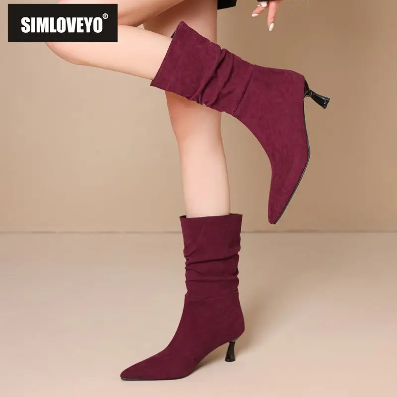 

SIMLOVEYO 2025 замшевая женская обувь до середины икры с острым носком на каблуке 7 см, большие размеры 46-48, жаркие осенние ботинки для свиданий, женские хит продаж