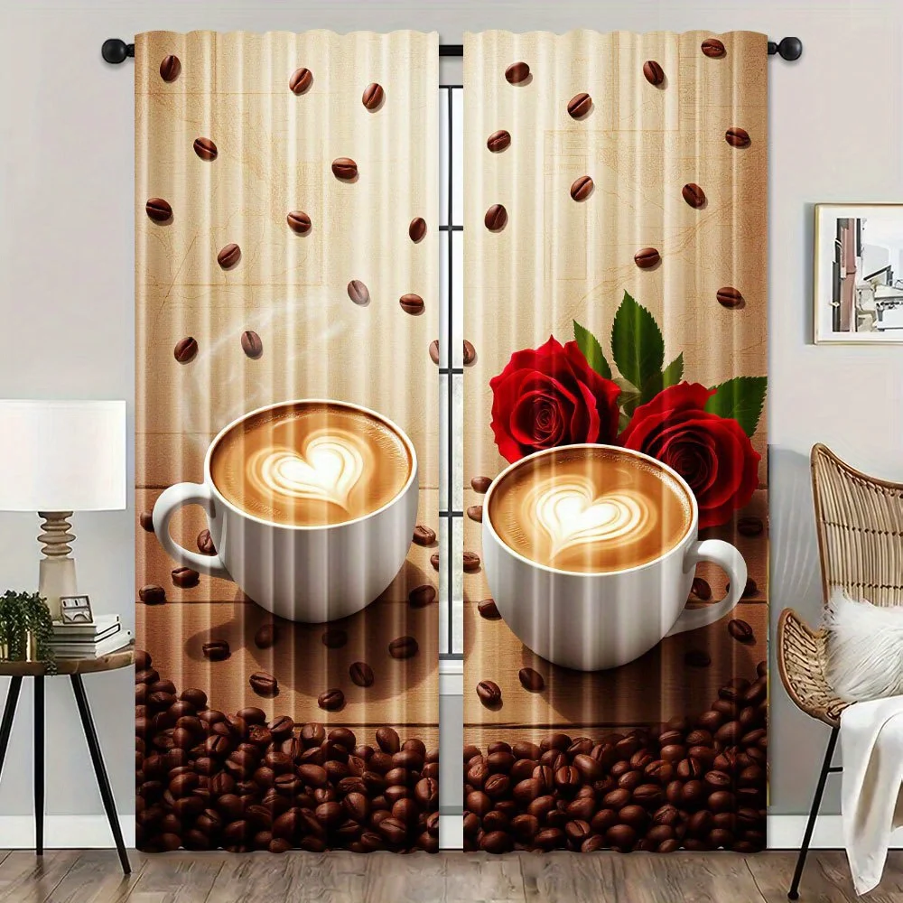 Coffee Bean Curtains with Latte Art Cups and Red Roses, Romantic Kitchen Window Drapes, Cafe Style Home Decor Blackout Curtains