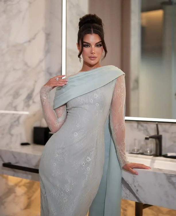 

Saudi Arabia Prom Dresses 2025 Long Sleeves Tea-Length Luxury Blue Evening Dress Wedding Party Dress Sharon Dress For Special