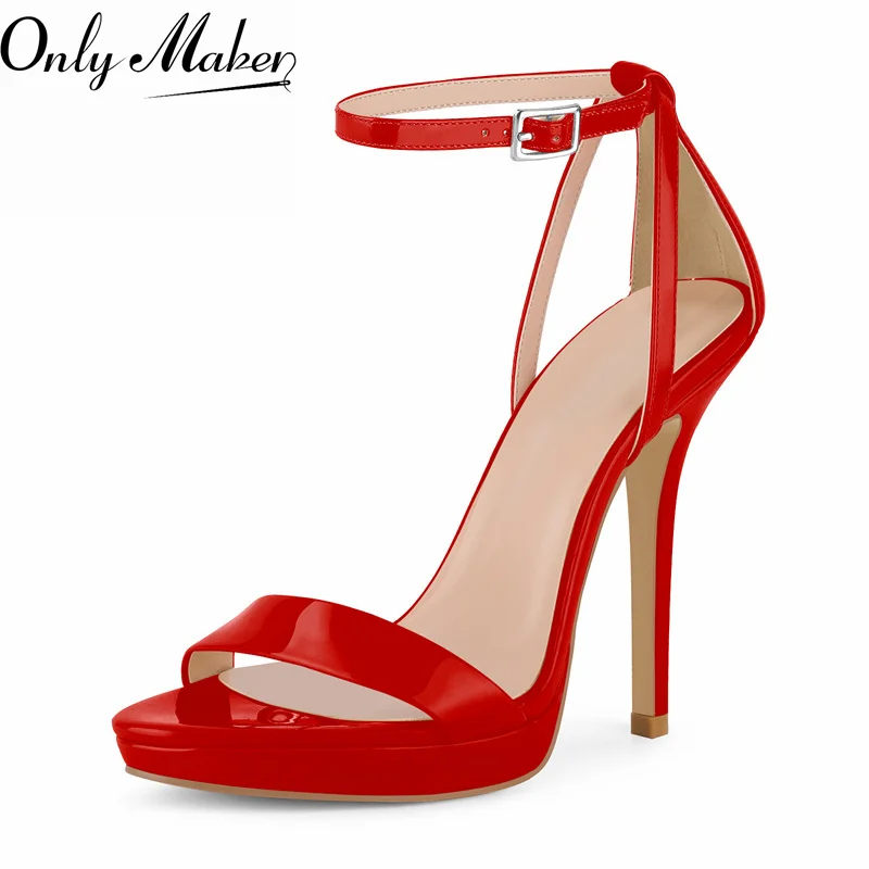 

Женские модные босоножки Onlymaker с круглым открытым носком, на шпильке, с ремешком на пряжке, из лакированной кожи, на тонком каблуке 12-13 см, без задника