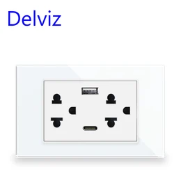 Delviz Thai Standard USB Socket, 120mm*72mm Panel,Thailand AC 110~250V,Wall Embedded 15A Power Outlet, 2A type c USB Port Outlet