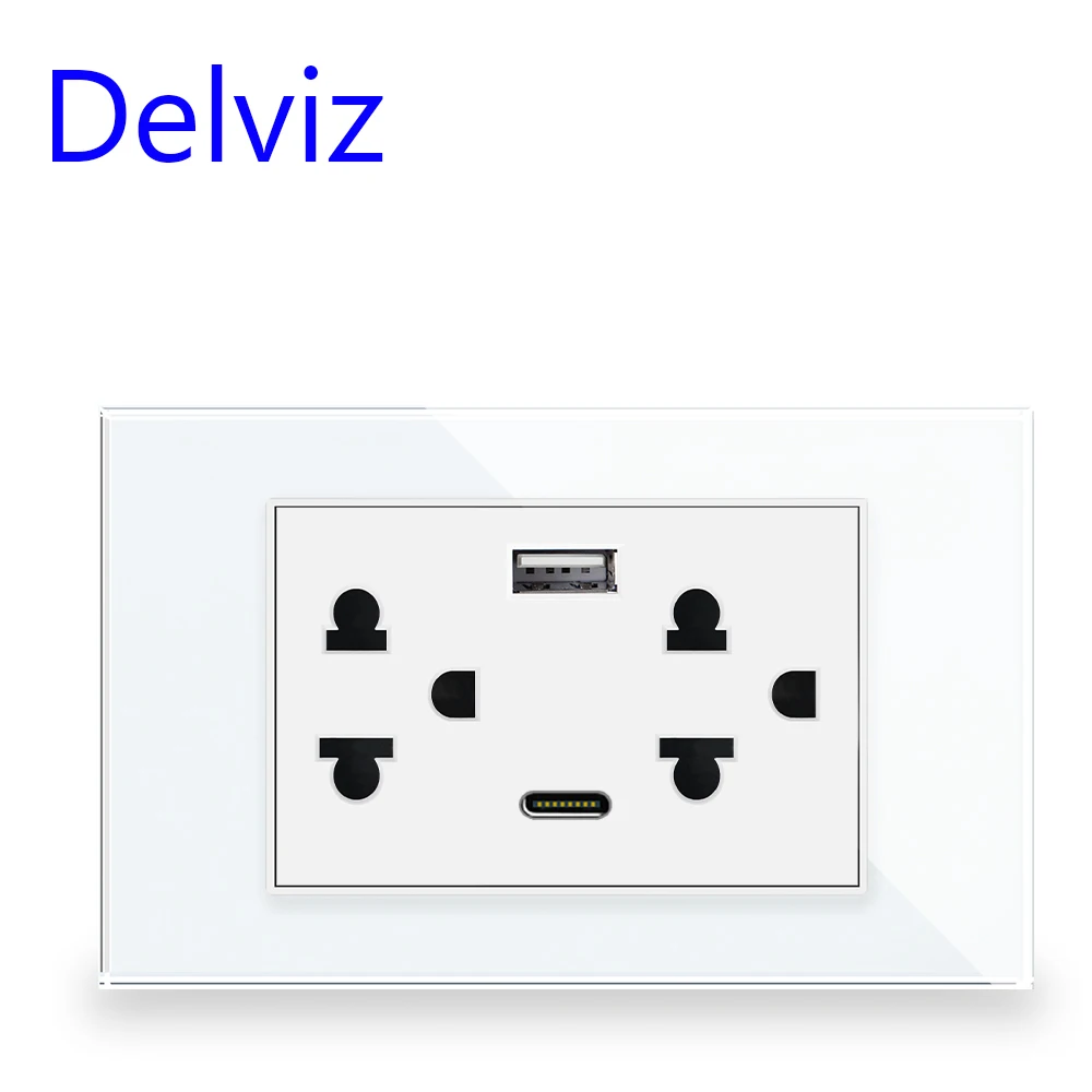 Delviz Thai Standard USB Socket, 120mm*72mm Panel,Thailand AC 110~250V,Wall Embedded 15A Power Outlet, 2A type c USB Port Outlet