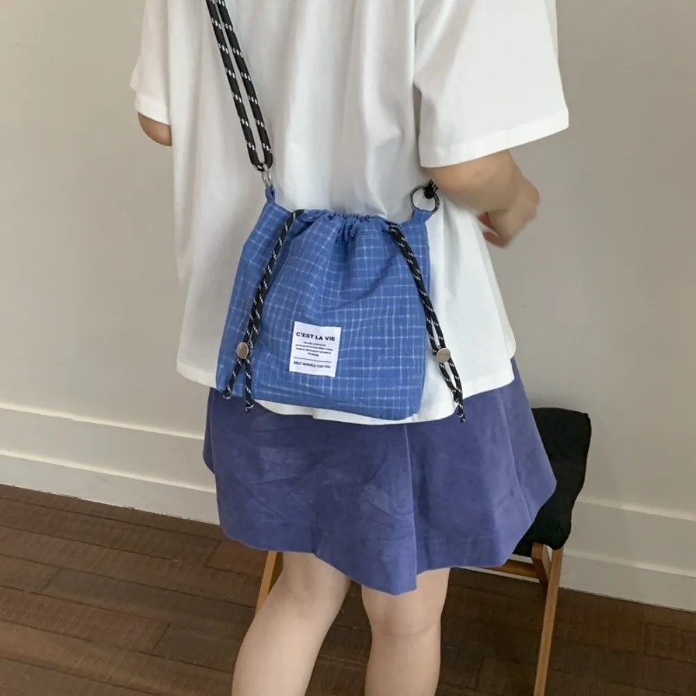 

Simple Korean Drawstring Bucket Bag Plaid Casual Nylon Crossbody Bag Light Weight Leisure Women's Handbags Travel