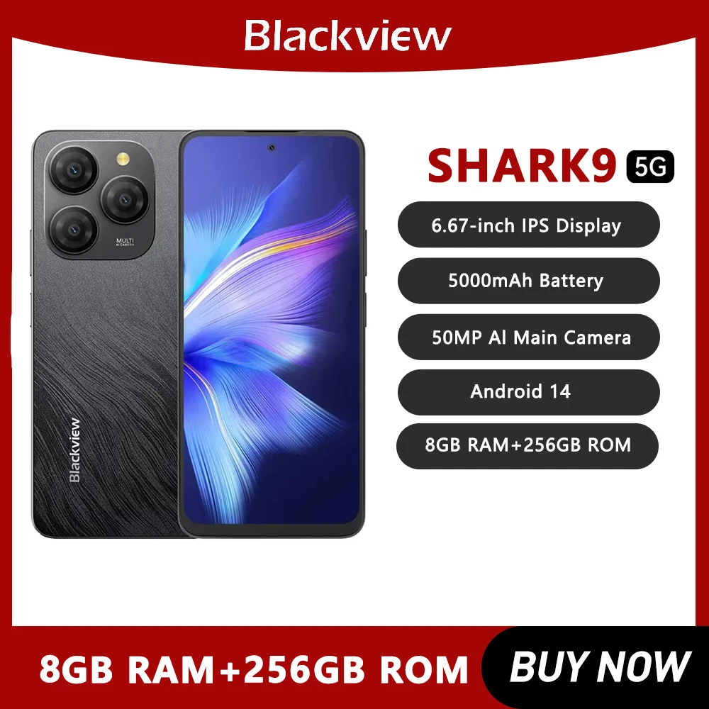 Blackview SHARK 9 5G Smartphone 6.67'' HD+ 90Hz Display Android 14 Octa Core 8GB+256GB 50MP AI Camera 5000mAh 18W  Cellphone NFC