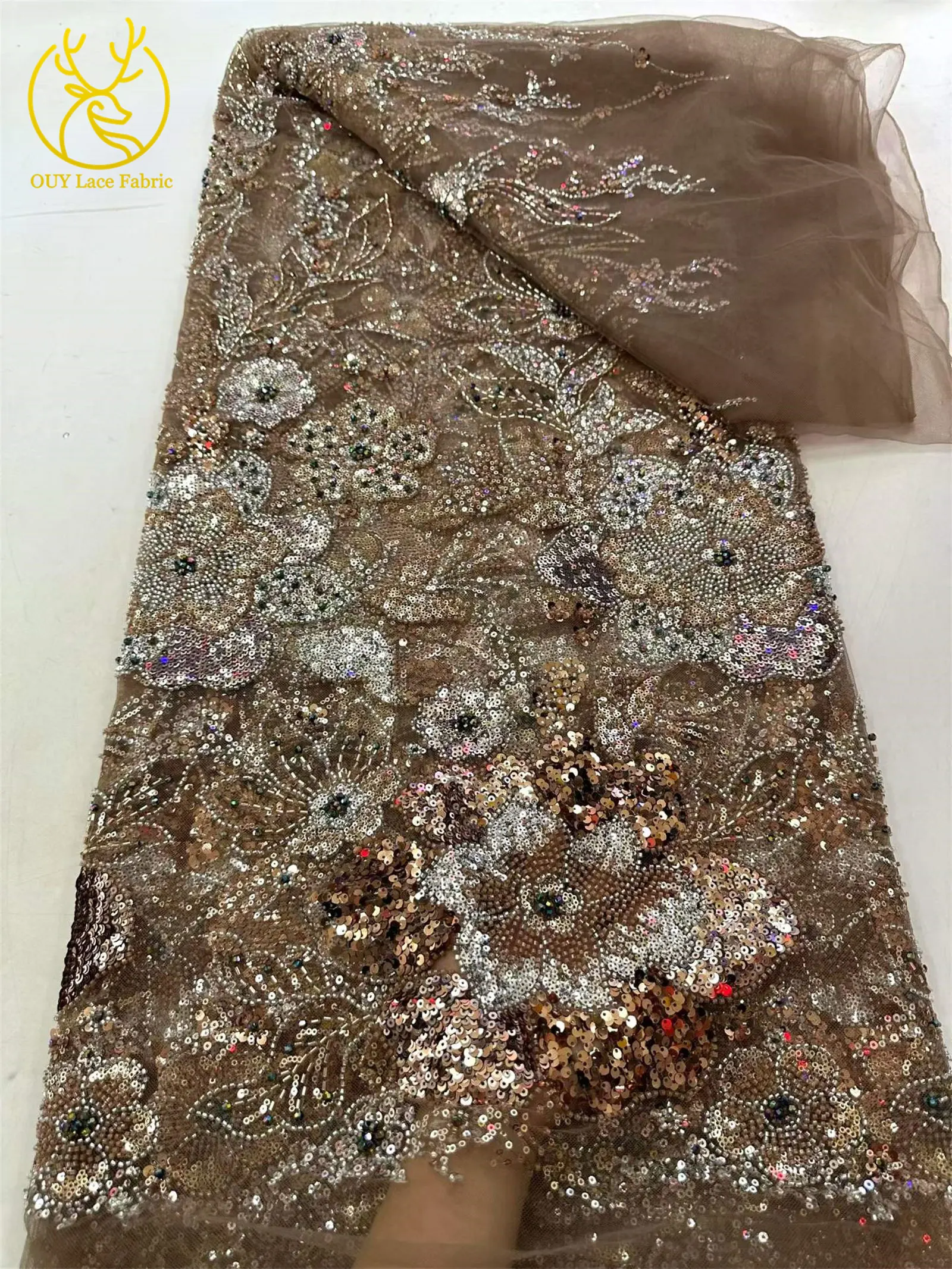 Afrikanischer Brautkleid-Stoff mit Stickerei und Perlen, hochwertiger nigerianischer französischer Pailletten-Tüll-Mesh-Spitzenstoff für Brautkleider – Detail 12