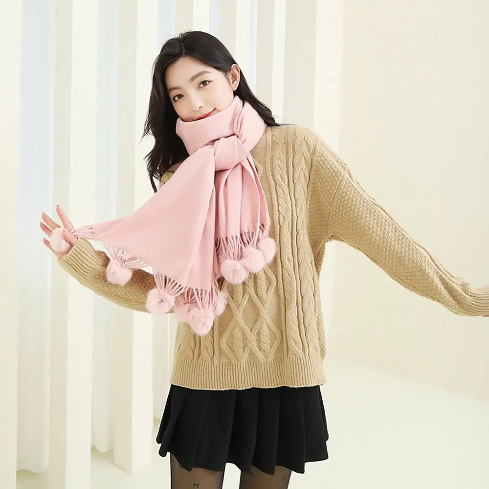 200x70cm Knitted Scarf Wool All-match Thickened Shawl Plush Tassel Ball Winter Warm Thermal Neck Warmer for Women Girls Maiden