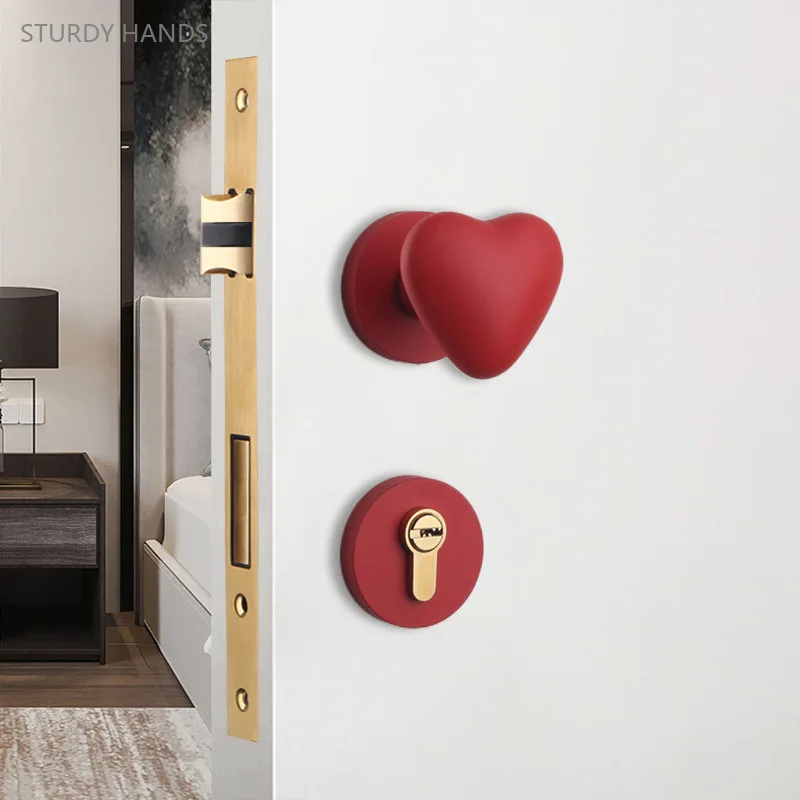 1 set of zinc alloy heart-shaped door locks American style indoor bedroom spherical door handles silent invisible door locks