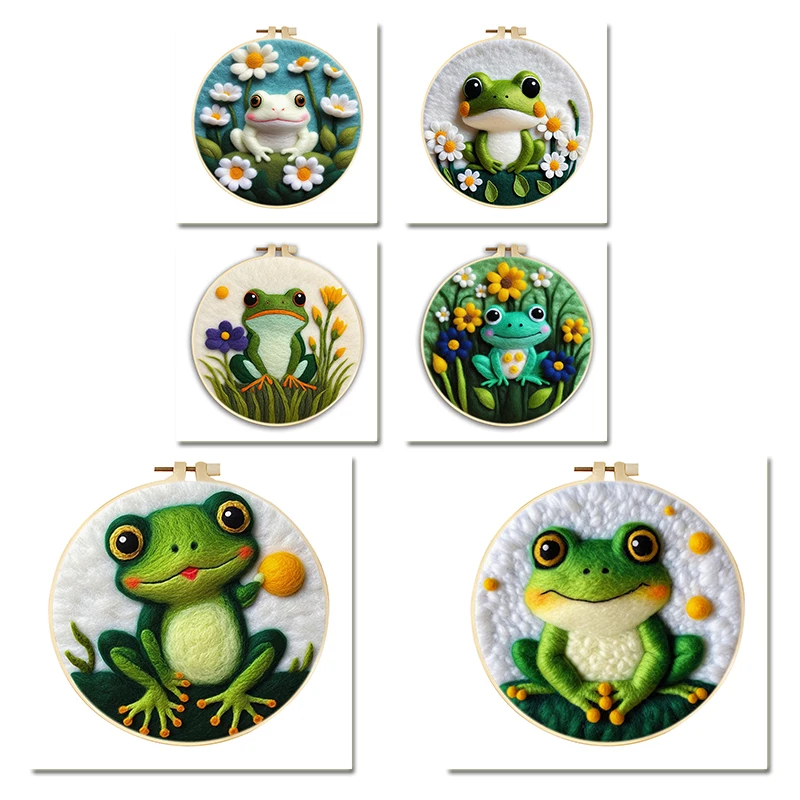 CHENISTORY DIY Wool Felt Painting,Frog Animal Pattern,Includes Hoop, Needles, Cloth, and Instruction Manual ,For Home Decor