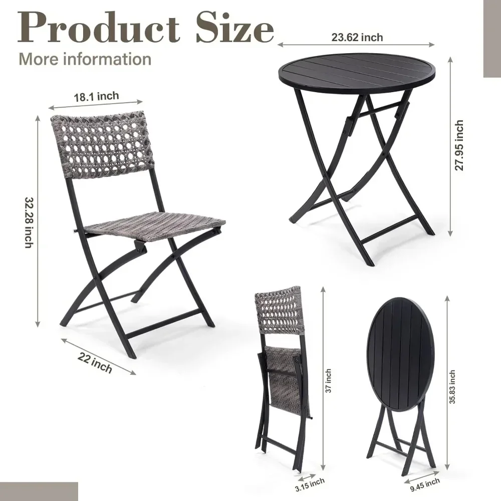 3 Pc 3 Piece Folding Outdoor Bistro, Wicker Furniture Table and Chairs for Garden, Backyard, Porch, Patio Conversation Set