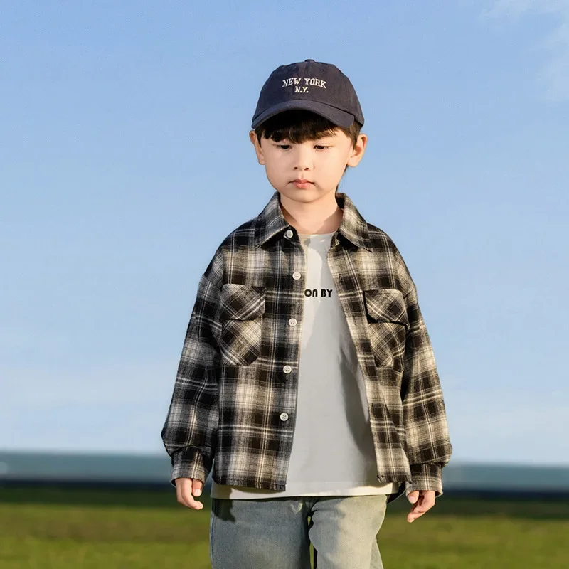 

2025 Early Spring New Children's Clothing Korean Version Letter Checkered Shirt Versatile Autumn Shirt for Boys and Girls