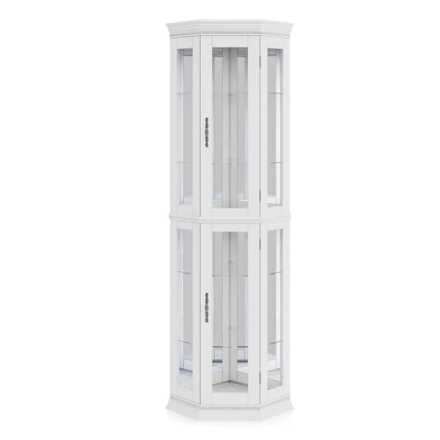 Lighted 3-side glass display curio cabinet for living room bedroom, tempered glass doors/shelves, walnut finish wood, LED accen view 6