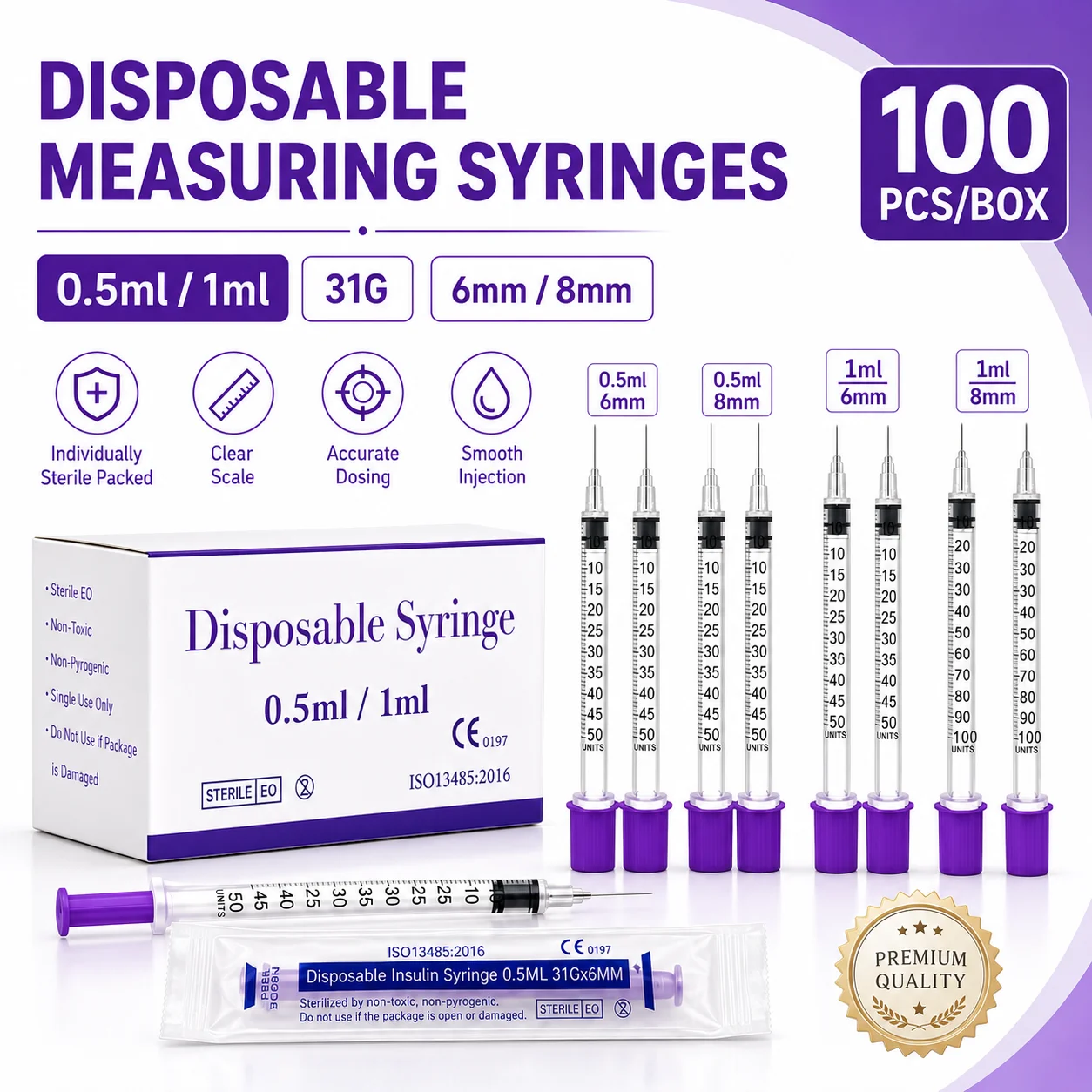 100PCS 0.5ml 1ml Insulin Syringes 31G 6mm 8mm Disposable Sterile Individually Wrapped for Pet Veterinary Lab Use